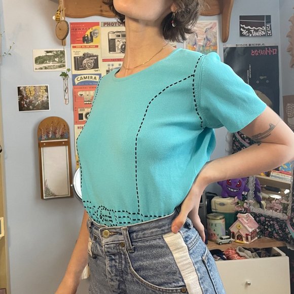 80s Carducci neon blue belt buckle shirt - Picture 4 of 13